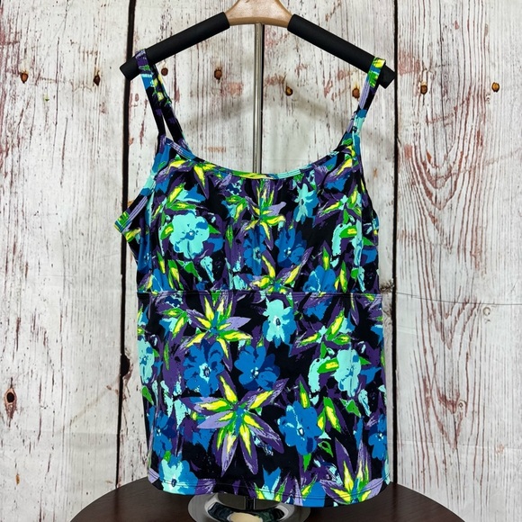 Roaman's Blue and Green Floral Swim Suit Tank Top - Picture 5 of 10